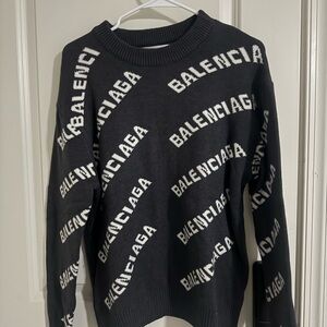 Balenciaga Black Crewneck Sweater with White Logo Pattern